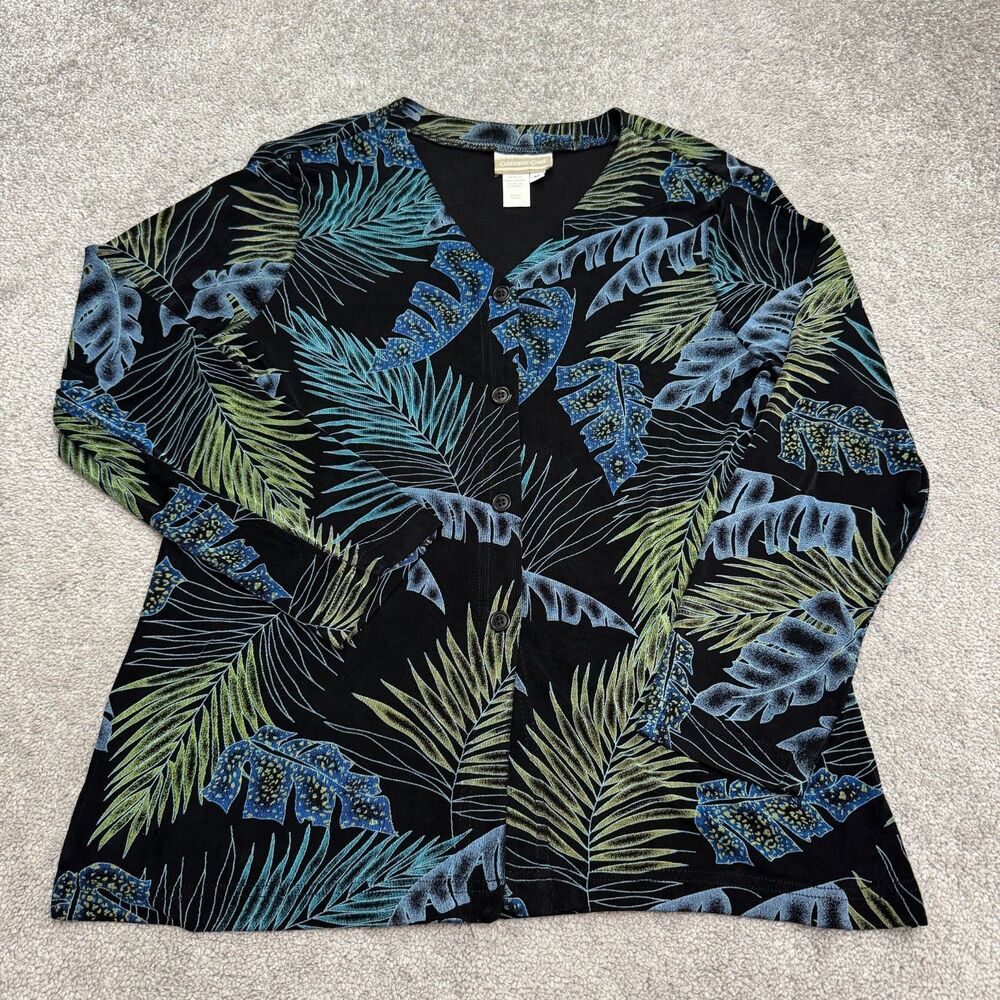 Coldwater Creek Tropical Palm Leaf Cardigan Sweater womens Medium Black V-Neck